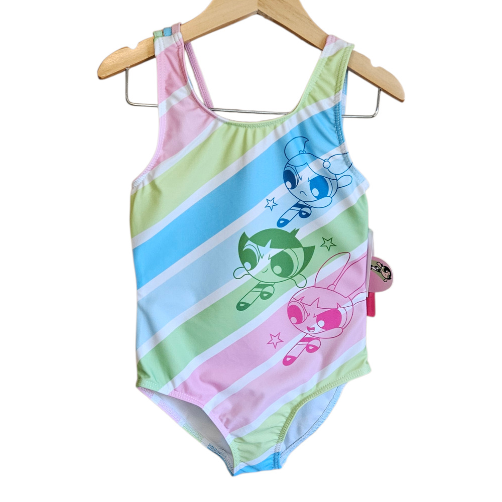 NEW! The Powerpuff Girls One Piece Swimsuit Size 5/6 NWT SPF 50+ Pastel Striped